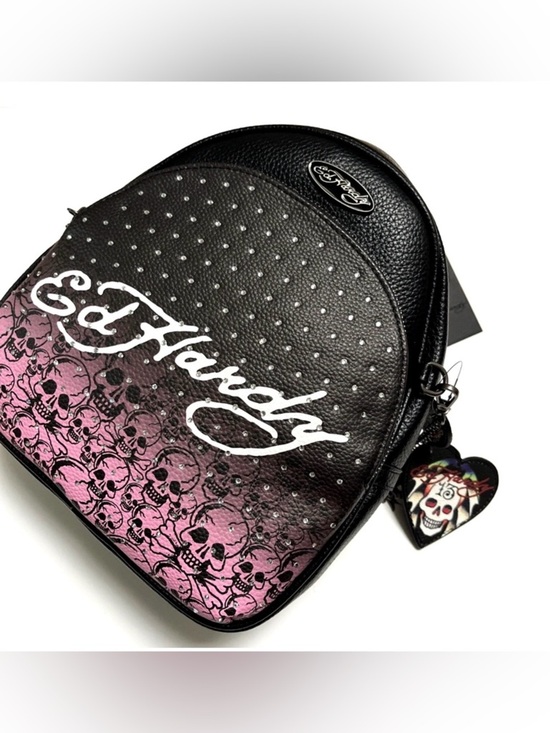 Ed Hardy Black & Pink Skull Print Mini Backpack